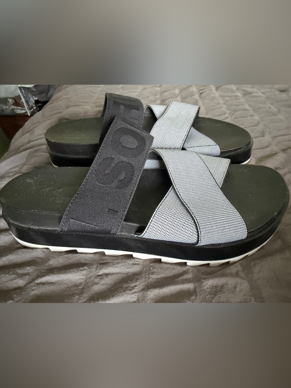 Sorel Black and Gray Crossband Slide Sandals